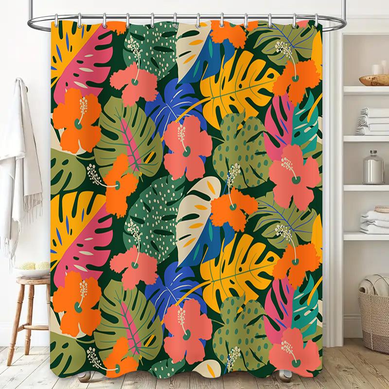 Vibrant Tropical Floral Shower Curtain for Bathroom Decor Green Leaves Pink Flowers Printed Fabric Bath Mat with Hooks Size: 69x