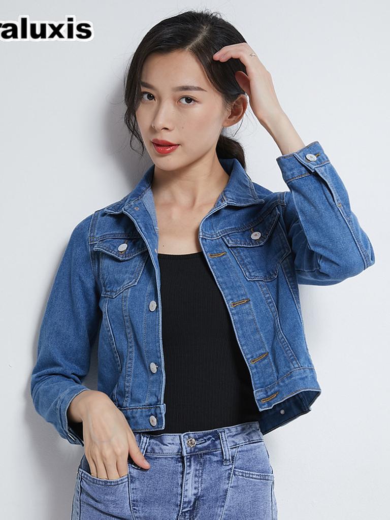 Blue Short Denim Jacket Women's Spring Autumn Long Sleeve Shirt