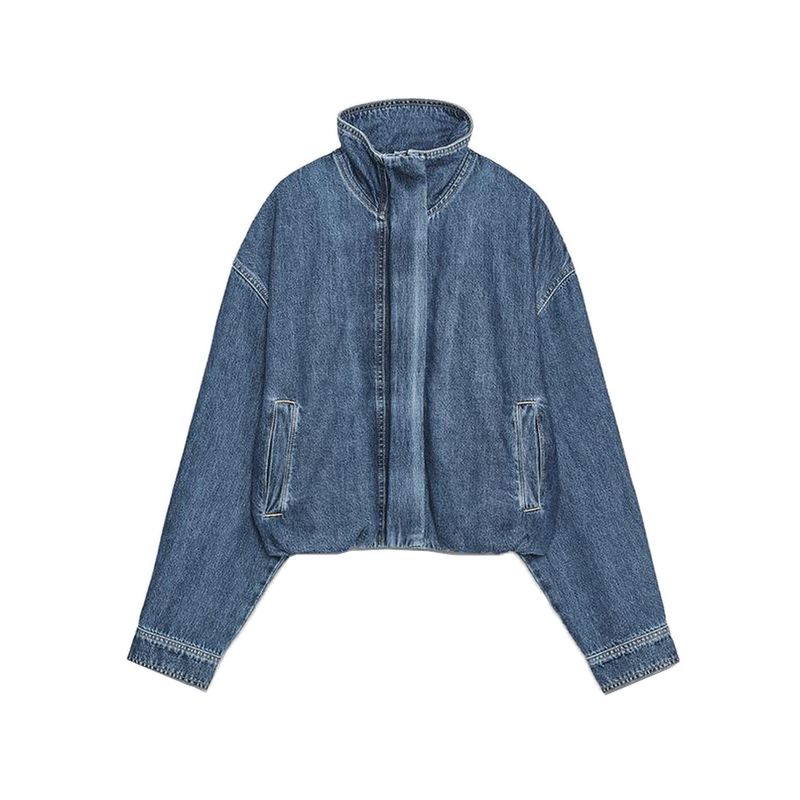 

Autumn New Women clothes French style Drop Shoulder Elastic Hem Stand Collar Long sleeve Denim Jacket 1300070 Blue L