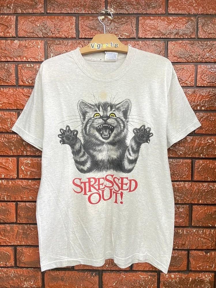 Vintage 90s Funny Shirt Cat Stressed Out Animal Lover Pet Pop Art T Shirt Unisex T-Shirt L