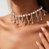 Diamantbesetzte Imitationsperlen geometrische Fransen Halskette Retro exquisite Schlüsselbein Kette Halskette