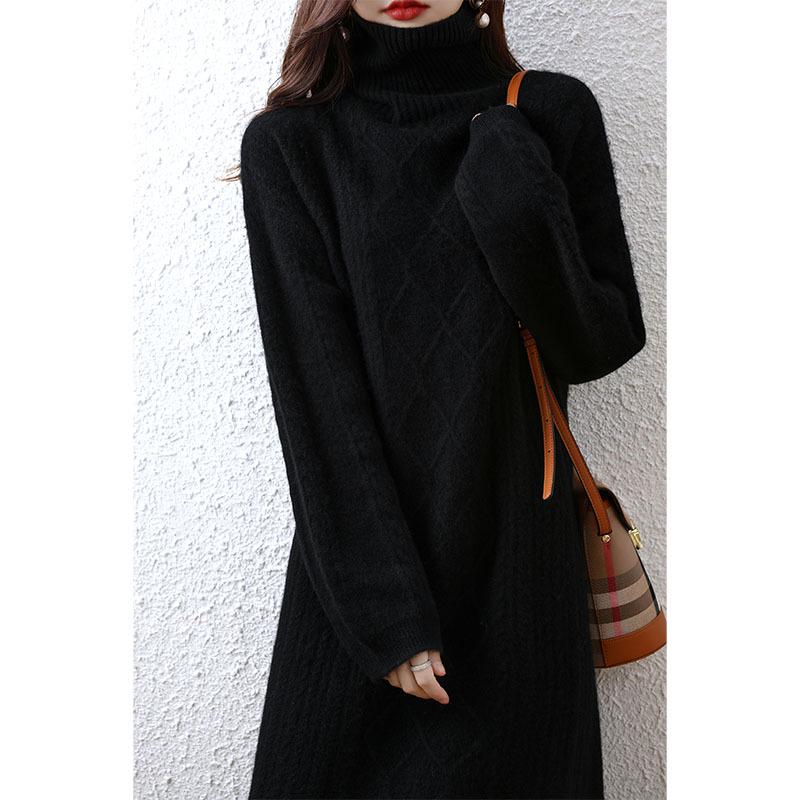 Women's Mid-Length Wool Cashmere Sweater Dress - Bat Sleeve, High Neck, Loose Fit, Autumn/Winter Style