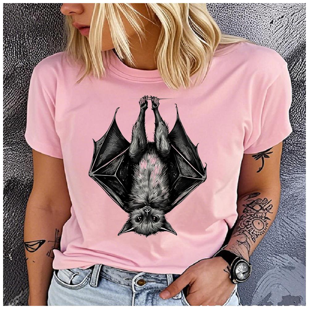 Womens Cotton  Animal Bat Print Tshirt Loose Round Neck Casual Short Sleeve Fashion Top  Clothing Summer