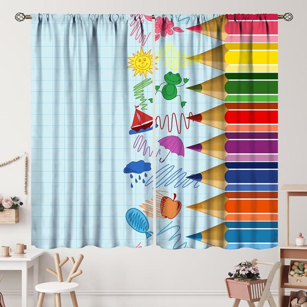 Kids Cartoon Pencil Curtains Colorful Crayons Art Printed School Curtain Nursery Bedroom Living Room Home Polyester With Rod Pocket Washable Sitting