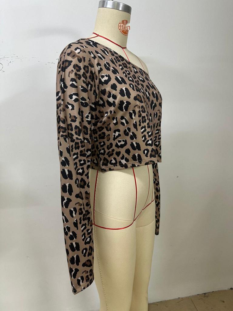 2026 Leopard Print Off-shoulder Cropped Long-Sleeve Top for Women