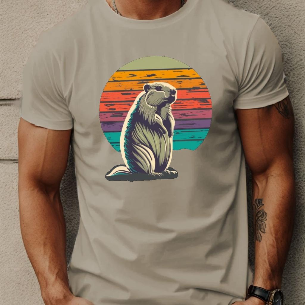 Groundhog Sunset Retro Style Mens Casual TShirt Short Sleeve Cotton Graphic Tee