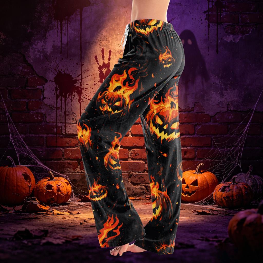 Women’s Drawstring Halloween Printed Long Pants Loose Fit Elastic Waistband Casual Trousers for Daily Wear Outdoor Home