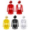 Vestido de Dança Jazz para Meninas Manga Longa Costas Vazadas Patchwork Lantejoulas Brilhantes Franjas Chapéu com Lantejoulas Fantasia de Performance