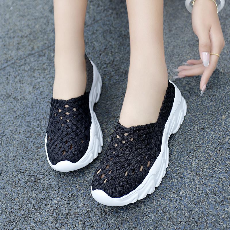Summer Moccasin Pink Beach Walking Shoes Women Multicolor Casual Weave Slip on Braided Elevator Sneakers Plus Size
