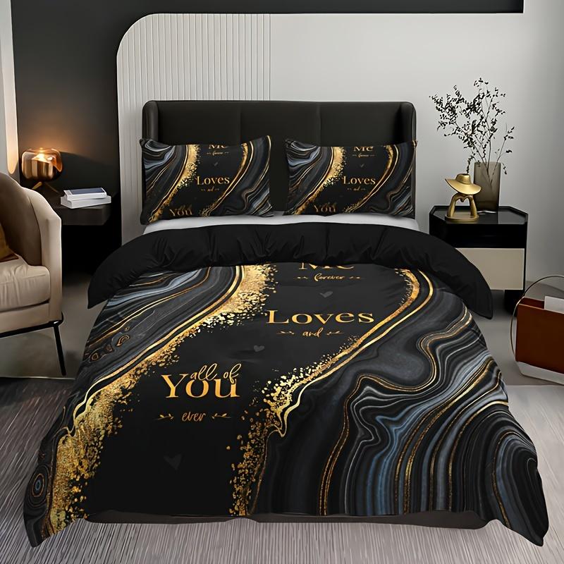 3Pcs Quicksand Texture Letter Duvet Cover Set, 1 Duvet Cover With 2 Pillowcases No Filler, High-Definition Print Home Room Decor