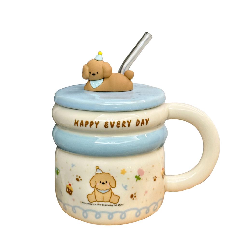 Cute Puppy Ceramic Mug With Lid Cartoon Home Breakfast Milk Cup Office Straw Cup Souvenir