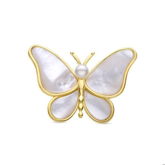 Broche Luxenter avec nacre blanche finie en or jaune 18K - Papillon