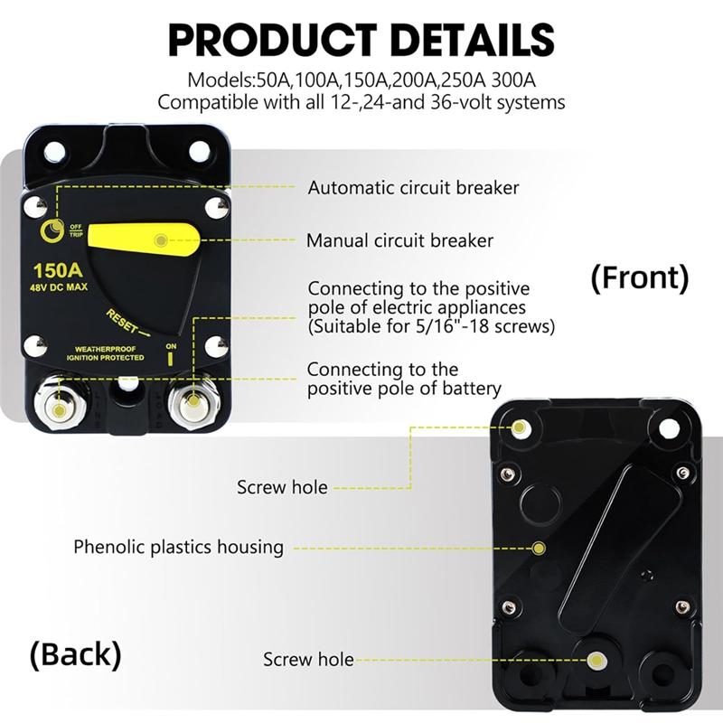 150 Amp Circuit Breaker With Manual Reset Switch Black Plastic For Marine Rvs Yacht Trolling Boat Battery Solar System