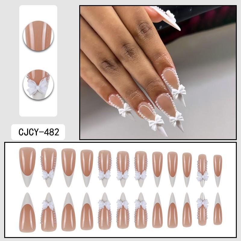 24 Stuks Franse Witte Strik Tip Press-On Nagels Vrouwen Lange Puntige Acryl Nagels Kunst Zoete Edgy Stijl
