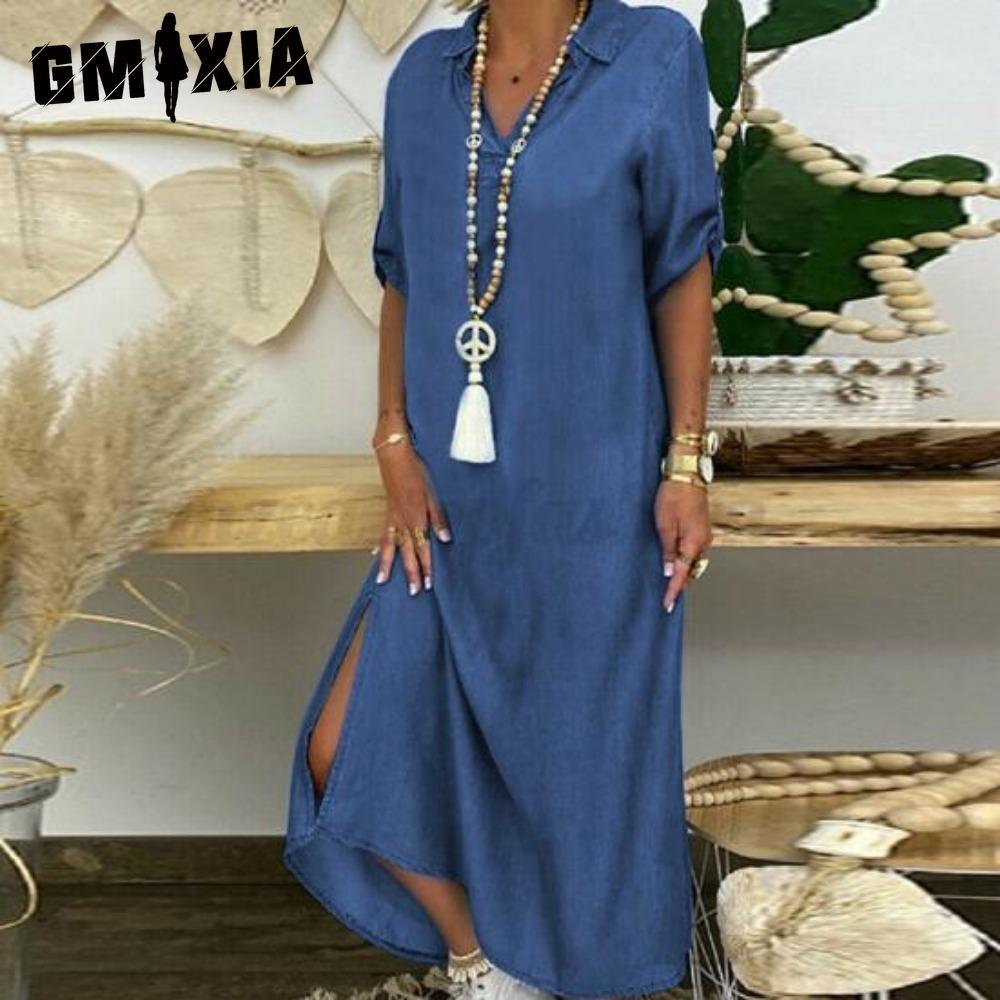 GMXIA Letní džínové šaty pro ženy Ležérní jarní modré maxi šaty Výstřih do V Poloviční rukáv Nadměrná velikost Dlouhé šaty s rozparkem