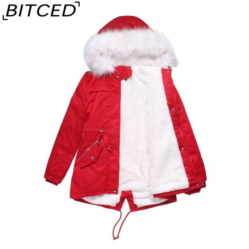 

BITCED Puffer Coat for Women, Plus Size, Mid-Length, Fleece-Lined Cotton Jacket with Warm Fur Collar, Loose-Fit Winter Outerwear 4XL красный
