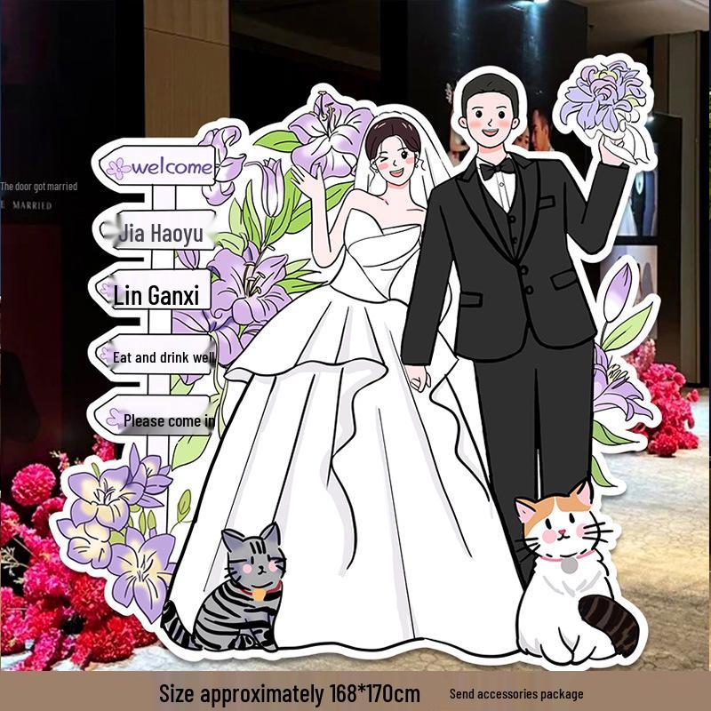 Welcome Sign Wedding Standee: Hand-Painted Cartoon Figure Poster Board for Event Decoration