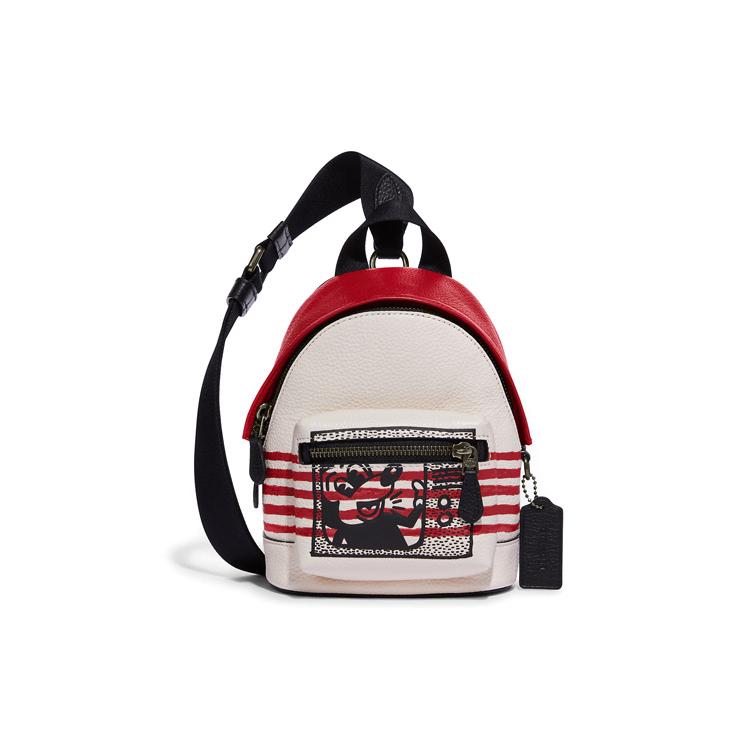 New COACH Disney X Keith Haring Collaboration West Pebbled Leather Backpack Chest Bag Shoulder Bag Mini Unisex White & Red C6910-QBTJG