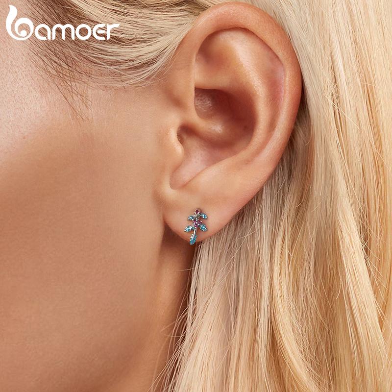 BAMOER 925 Sterling Silver Xmas Jewelry Gift Holly Open Ring Colorful Flower Leaf Stud Earrings Special New Year Holiday Gift