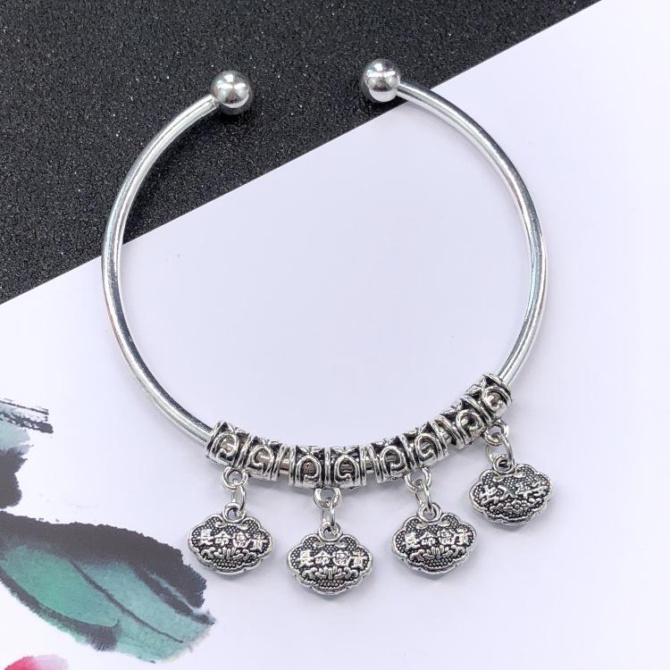 Retro Ethnic Style Tibetan Silver Bracelet Women's Versatile Fashion Bell Flower Pendant Adjustable Bracelet with Accessories