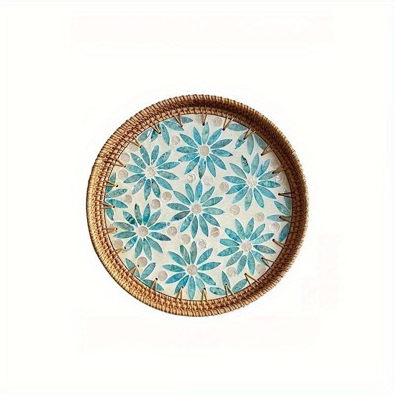 1Pc Handmade Rattan Shell Color Storage Round Picnic Fruit Basket Tray for Outdoor Courtyard Patio Garden