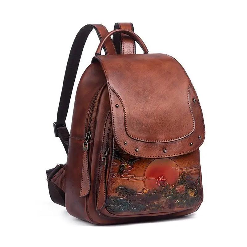 Vintage Embossed Large Capacity Women Backpack Genuine Leather Bag 2024 New Leisure Nature Soft Cowhide Travel Bags