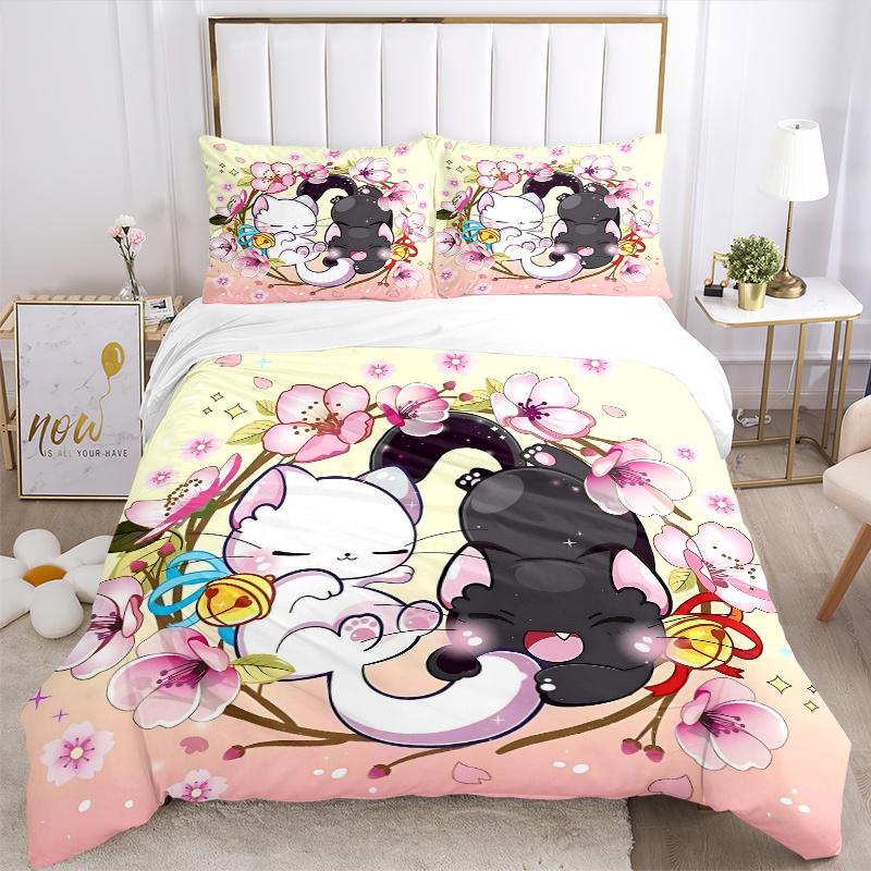 3pcs Creative Adorable White Cat and Black Cat Printed Bedding Set, Soft and Comfortable Quilt Cover for Bedroom, Guest Room (1 Duvet Cover
