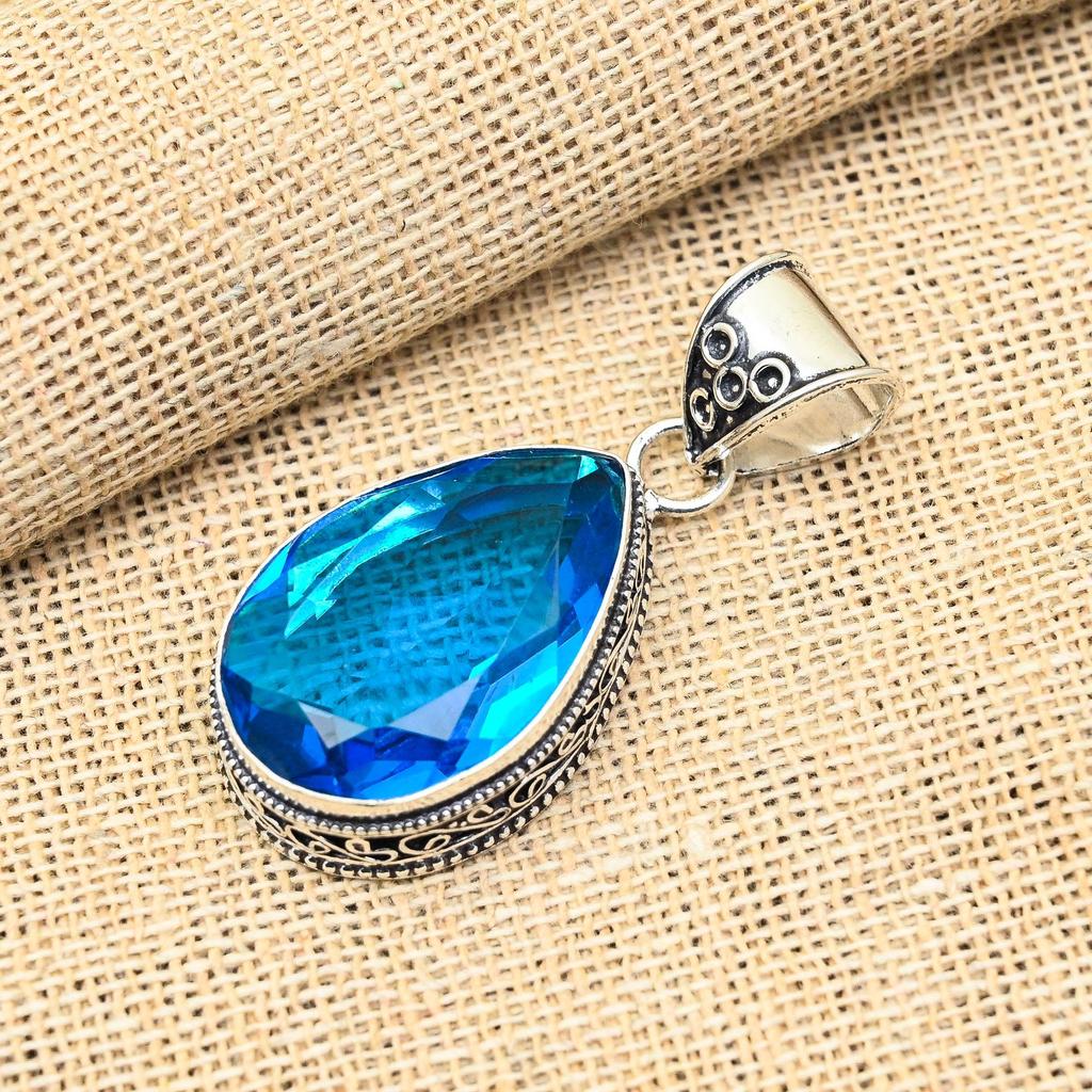 Dazzling Blue Topaz Gemstone Handmade 925 Solid Sterling Silver Pendant For Wedding Gift