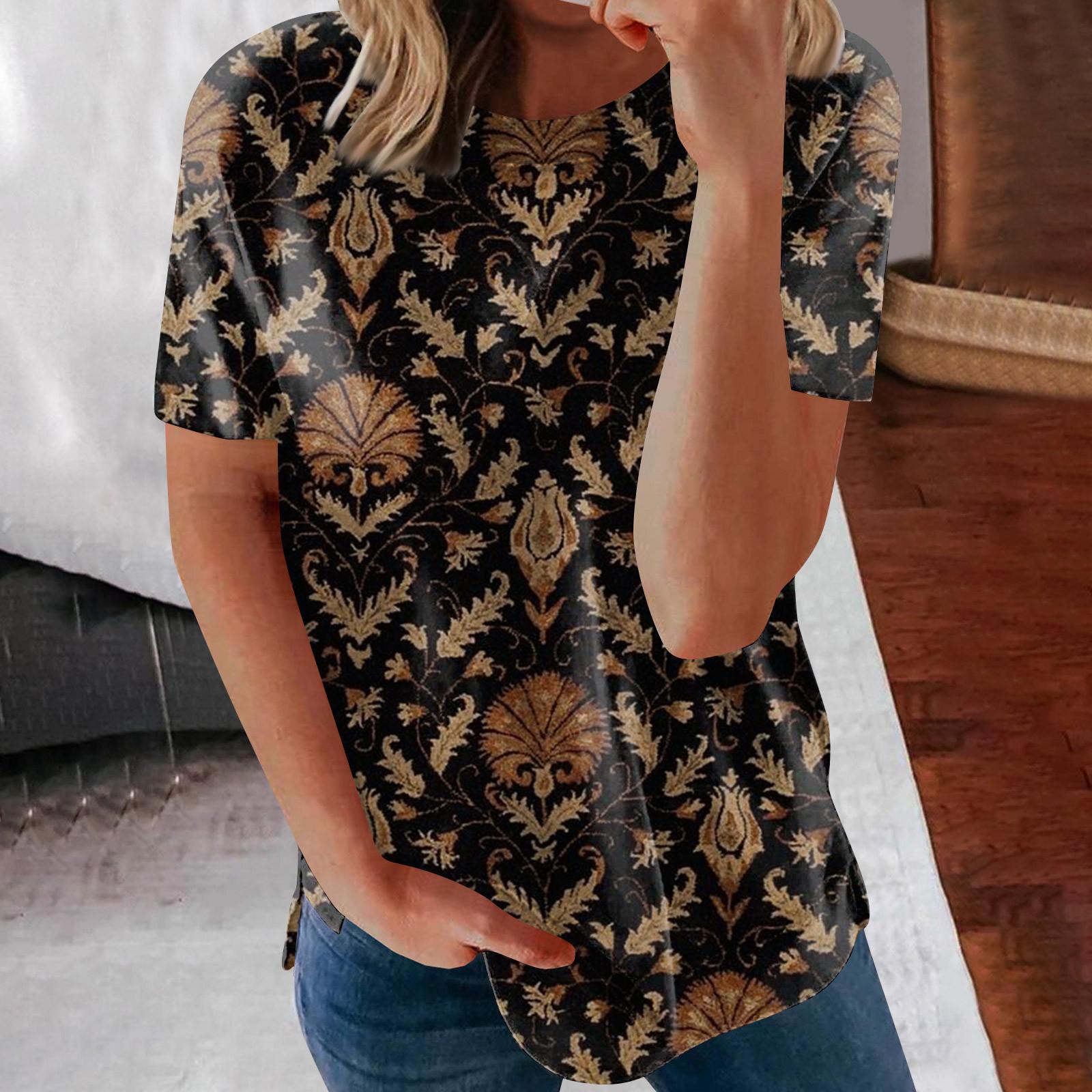 Women s Printed Short Sleeve Round Neck Retro Short Sleeve Summer Loose Tops Tops Women s Summer T-Shirts XXL чёрный