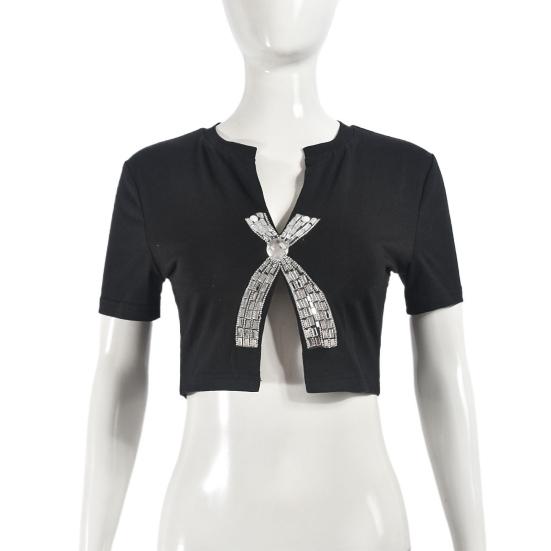 Summer Sexy Cropped Tops Bow Hot Drill Decor Navel Exposed Slit Design Tee Shirt Women Short