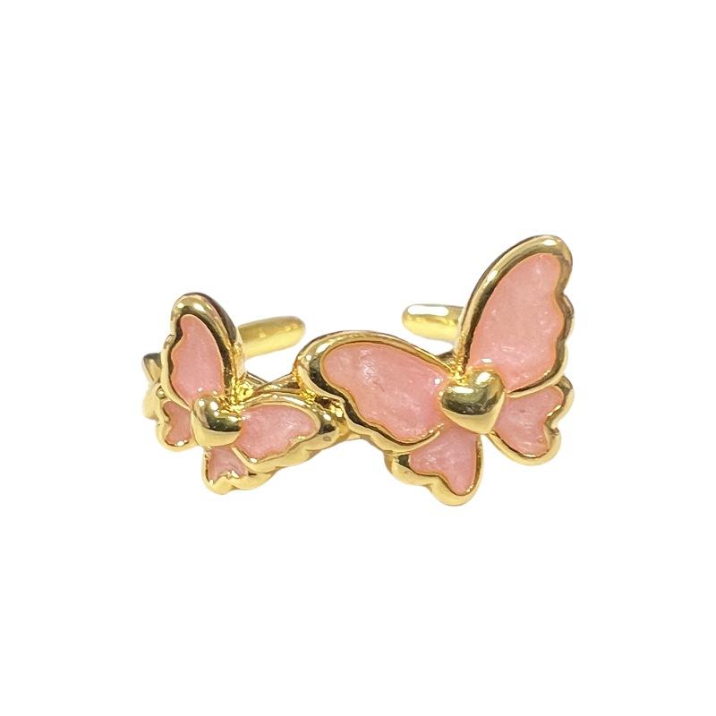 Princess Pink Flower Gold Enamel Dripping Oil Opening Ring Female Butterfly Premium Sweet Cool Ring