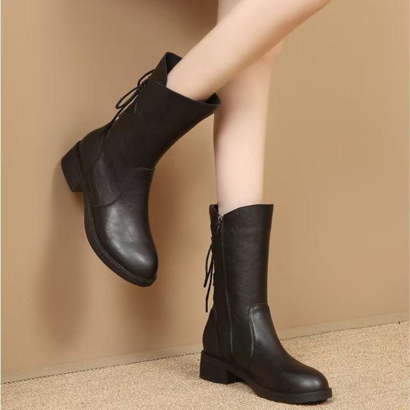 Soft Leather Medium Boots Women's Winter Velvet Autumn and Winter New Spring and Autumn Boots Thick Heel Medium Heel Fashion Boots Women's Boots
