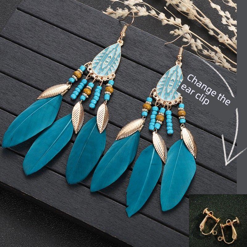 

Retro Court Ethnic Minority Earrings Bohemia Style Ear Clip Accessories Female Long Tassel Feather Earring Accessories Peacock Blue (ear clip)