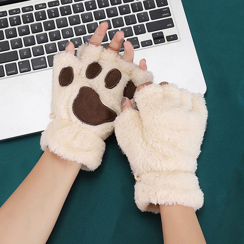 Cartoon Cute Cat Claw Gloves Women Plush Mittens Warm Soft Plush Short Fingerless Fluffy Gloves Winter Half Finger Gloves