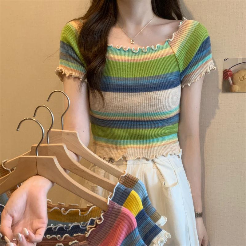Rainbow Striped Square Neck Front Shoulder Knitted Short Sleeved T-shirt Summer Thin Cut with A Waistband Short Cut Chic and Beautiful Top