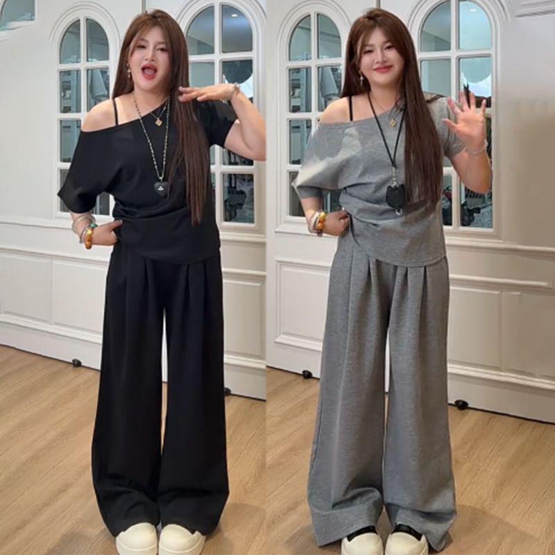 Women's Korean-Style Casual Summer Suit: One-Shoulder Top & Long Pants