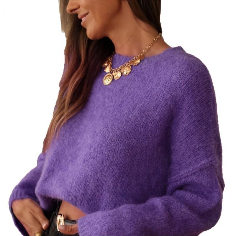 Vintage Purple Loose Knit Sweater Round Neck Drop Shoulder Oversized Sleeve Lazy Style Top Women Fall Winter
