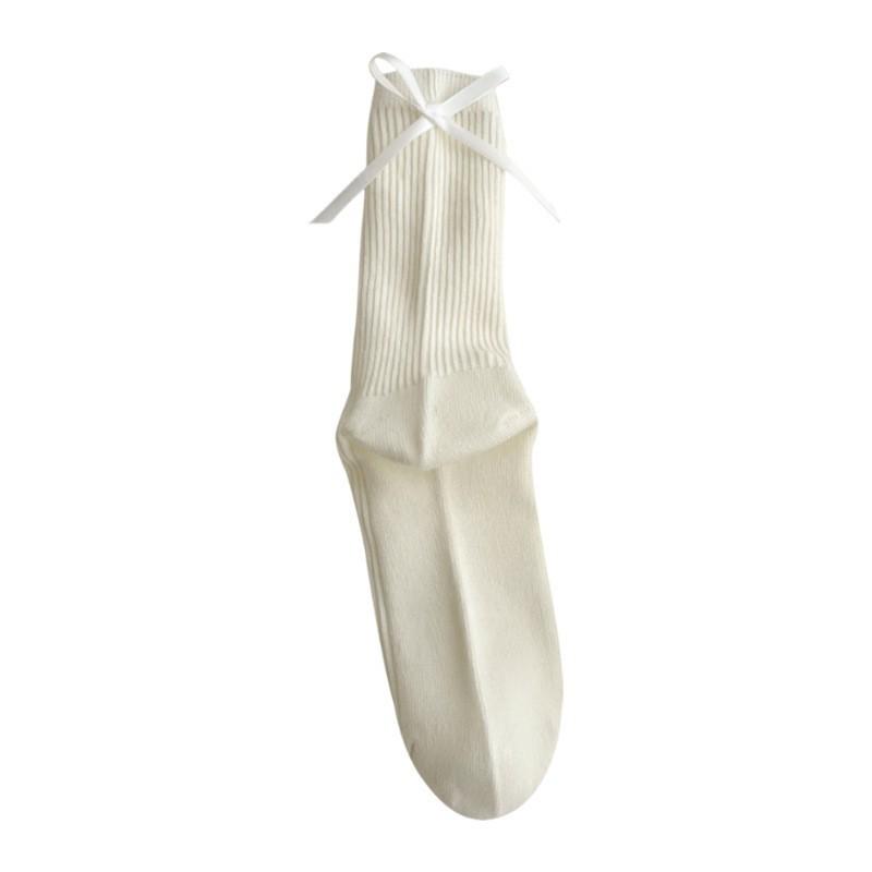 Womens Cotton Mid-Calf Socks With Bow Detail Japanese Style Ribbed Crew Soft Breathable Stackable Teens Young Adults