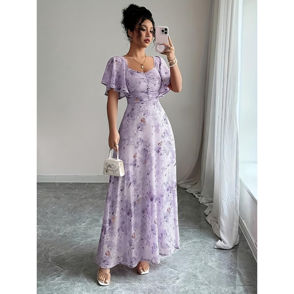 Damen Schmetterlingsmuster Fledermausärmel Chiffonkleid, Plissiert Süß Französischer Stil Sommerkleid, Elegante Koreanische Herbstmode