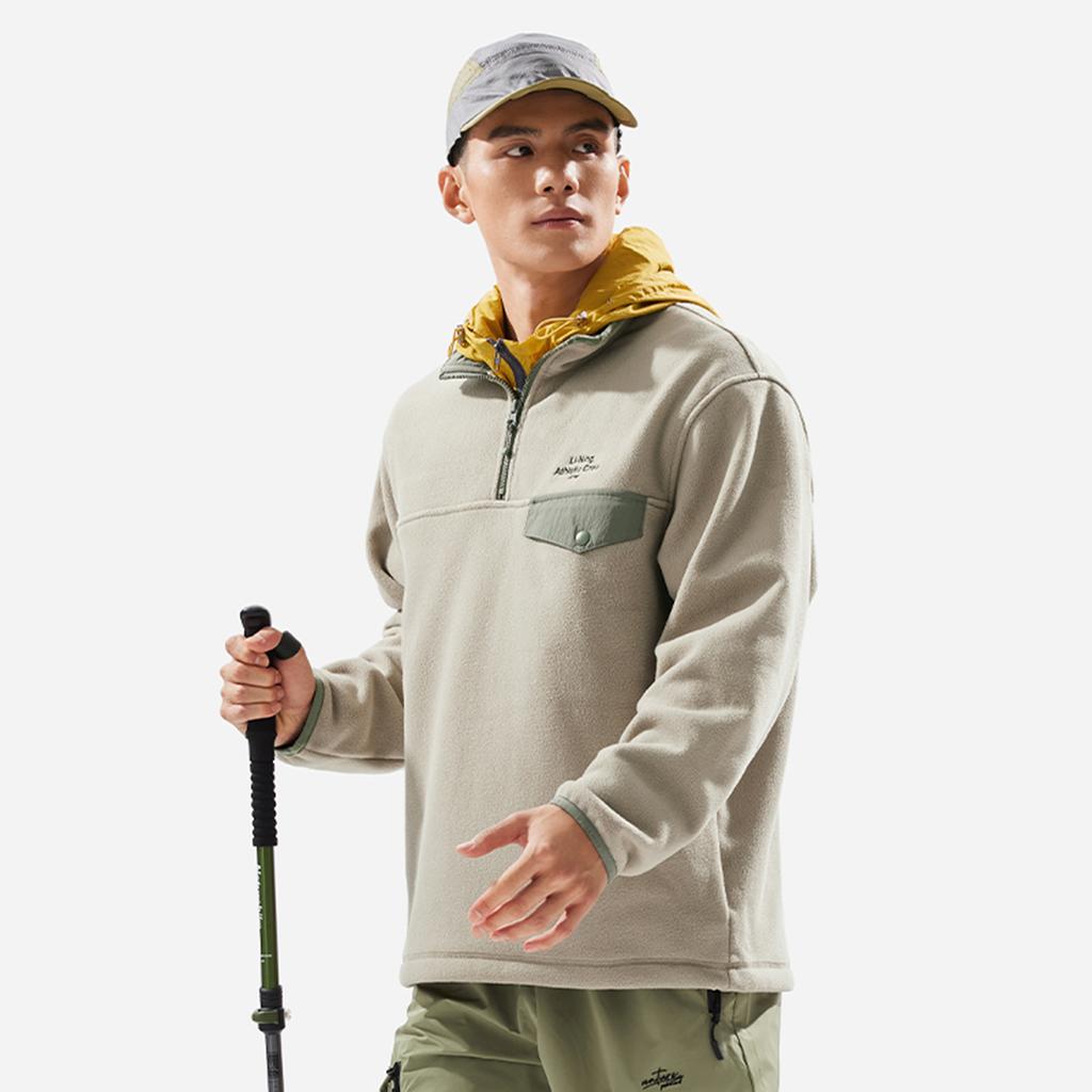 Li Ning Comfortable Breathable Fleece Warm Sweatshirt With Letter Stand Collar Men Sweatshirt Dusty-Gray AWDUA17-6