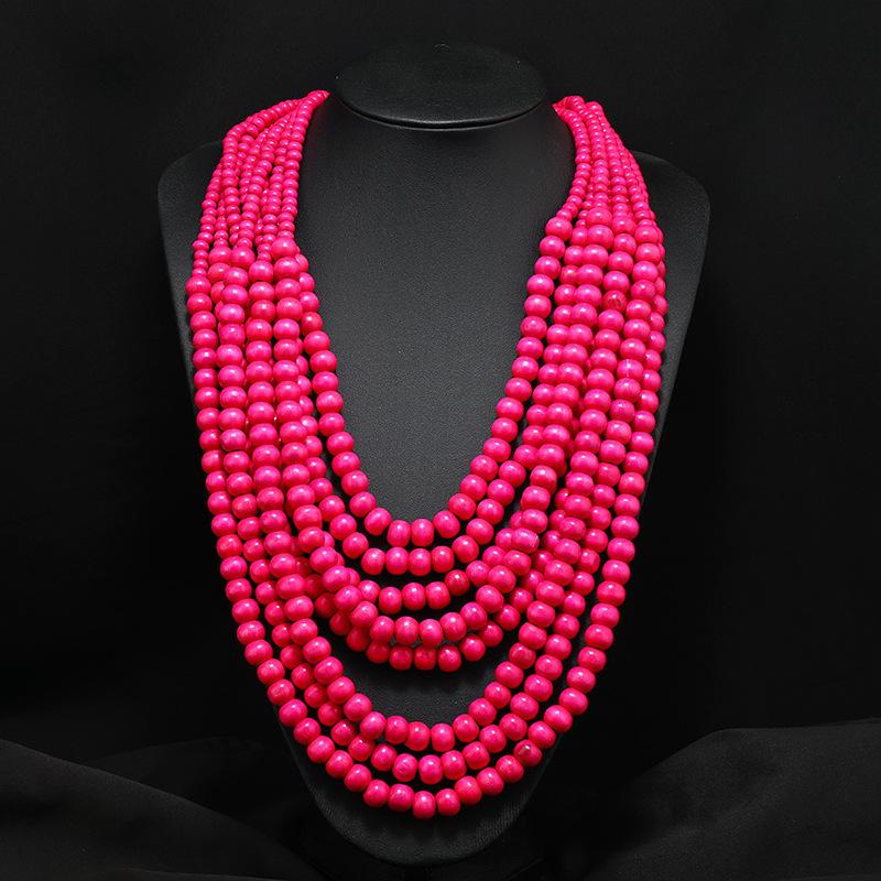

Винтажное многослойное ожерелье из деревянных бусин, женское, личность, преувеличенное, красная длинная цепочка для свитера, богемные аксессуары