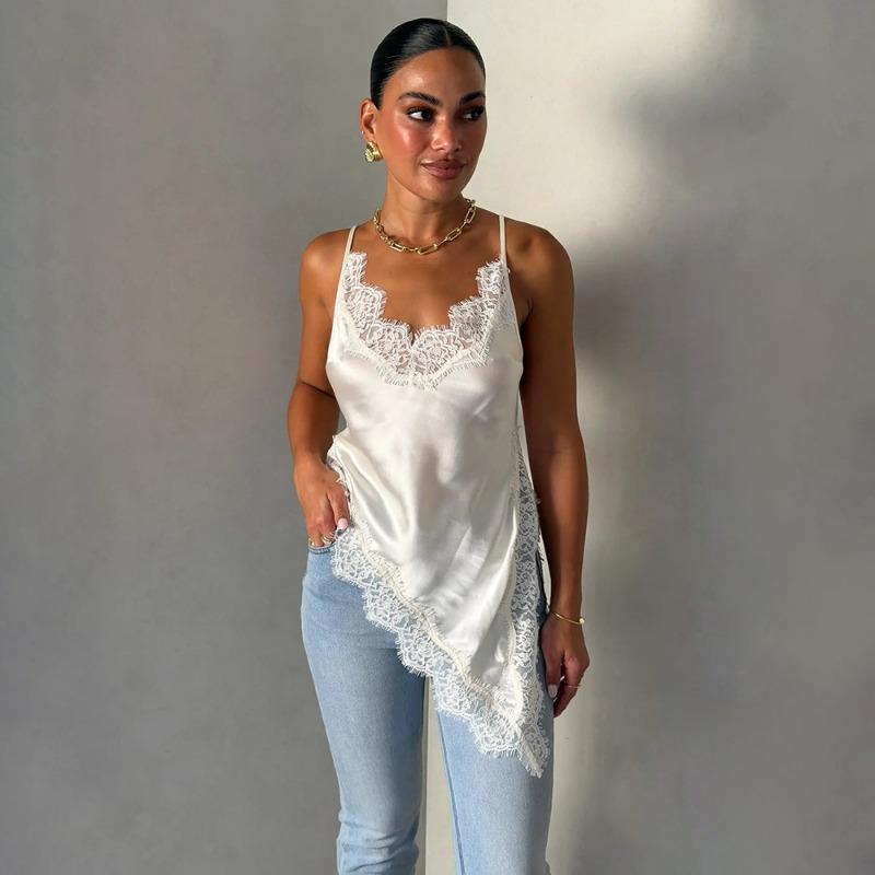 

2026 Summer Lace Camisole Fashion Elegant New Sexy Spicy Girl Vest Low Cut Backless T-shirt Loose Slim Sleeveless Tops Irregular Beveled Sweet Shirts XL білий