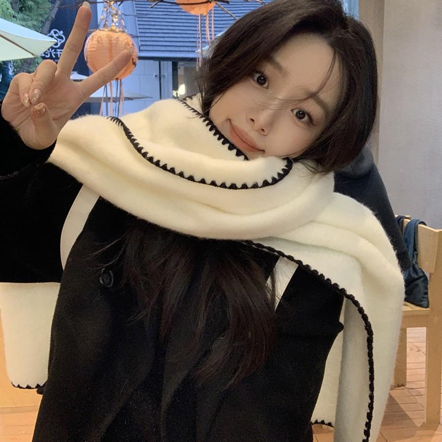 Imitation Cashmere Edge White Knitted Scarf for Women Autumn and Winter Korean Atmosphere Warm Student Neck Scarf