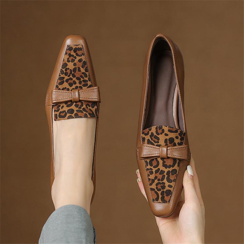 Fashion New Spring/autumn Genuine Leather Women Shoes Square Toe Shoes for Women Fashion Mixed Color Mid Heels Leopard Print Women Pumps