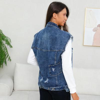 Jeans Vest Women's Long-sleeved Summer Fitted Slimming Crop Top with Hole Designs and Sleeveless Blazer-style Top