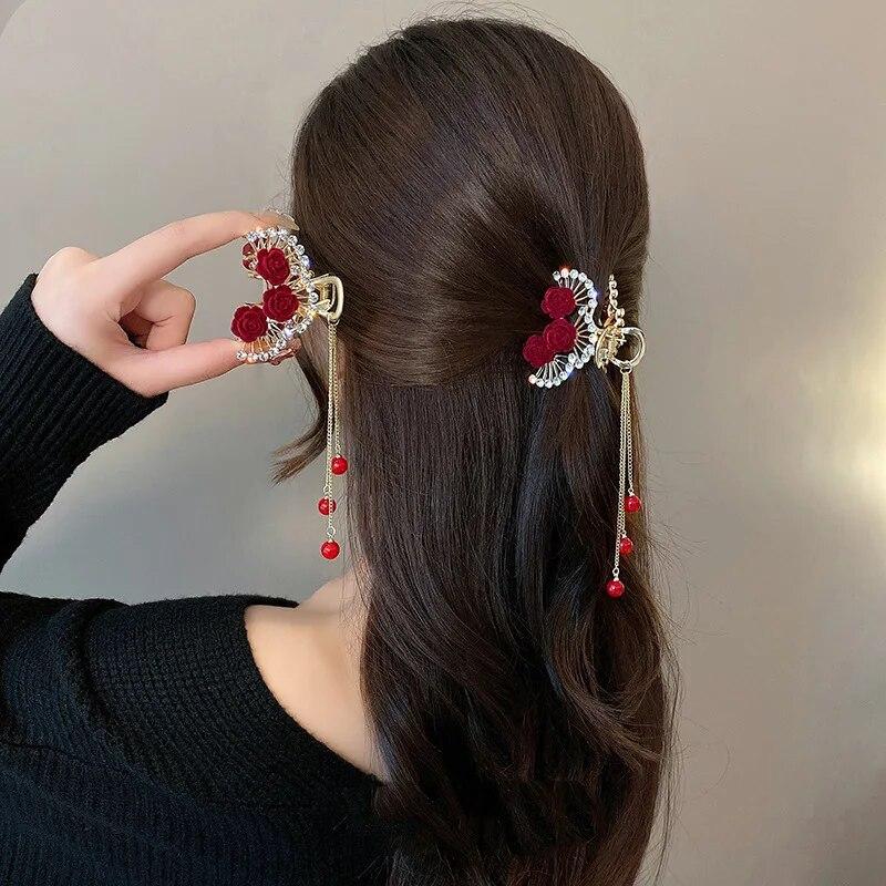 Vintage Velvet Red Rose Hair Claws For Women Luxury Metal Clamp Clip Barrettes Hairpins New Rhinestone Hair Accessories Headwear
