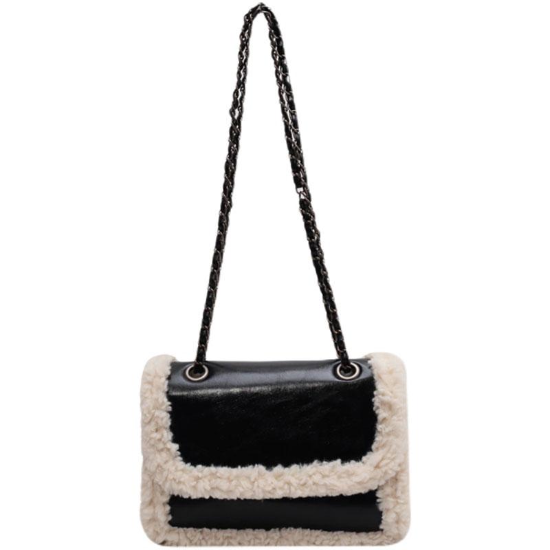 Lamb Wool Splice Retro Chain Crossbody Bag Patent Leather Glossy High-End Texture Shoulder Bag Women New Portable Handbag