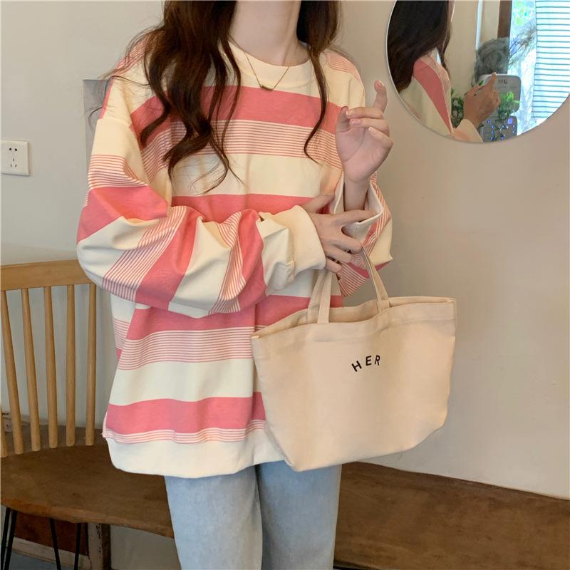 Stripes Clashing Color Loose Long-sleeved T-shirt Women Autumn Winter Thin Section Round Neck Sweater Female Student Tops Retro Versatile Sweatshirt