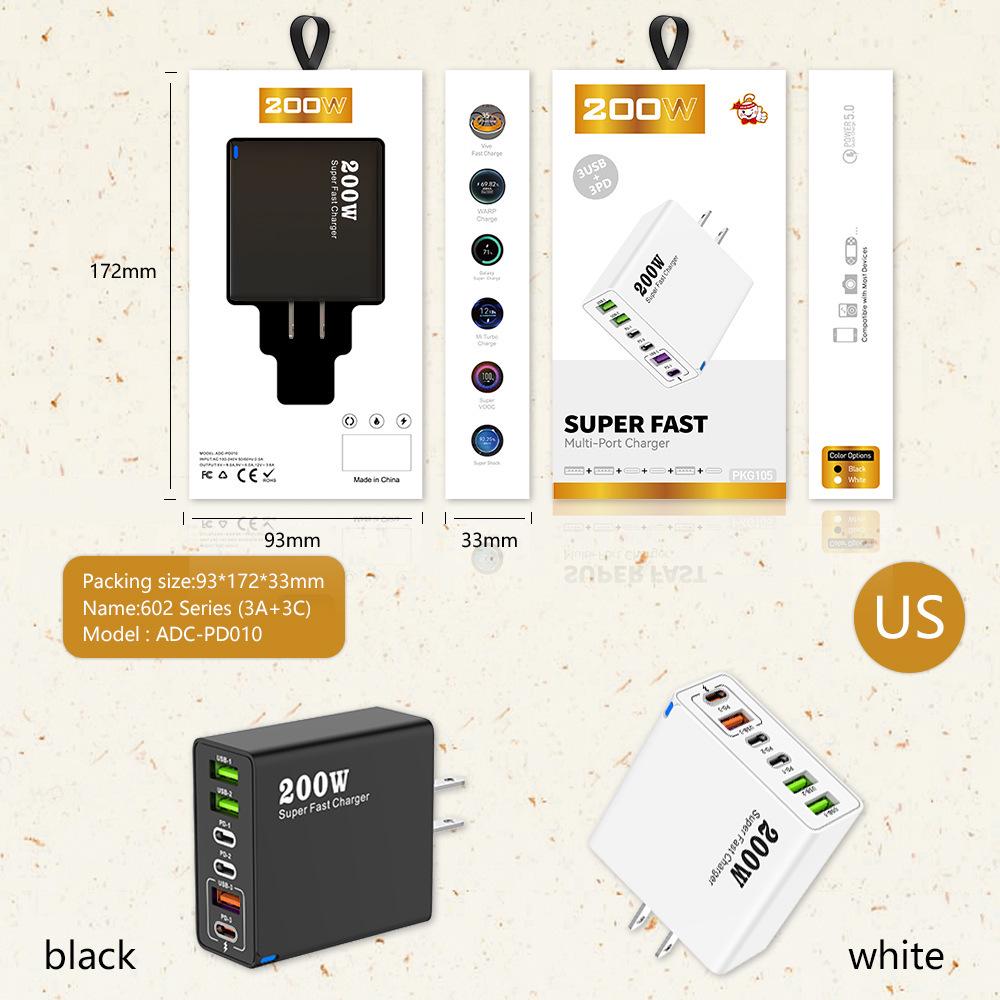 200W Multi-Port Charger - 3 USB & 3 PD Ports, Six-in-One Fast Charging for Phones (5V 2.4A), EU/US/UK Compatible