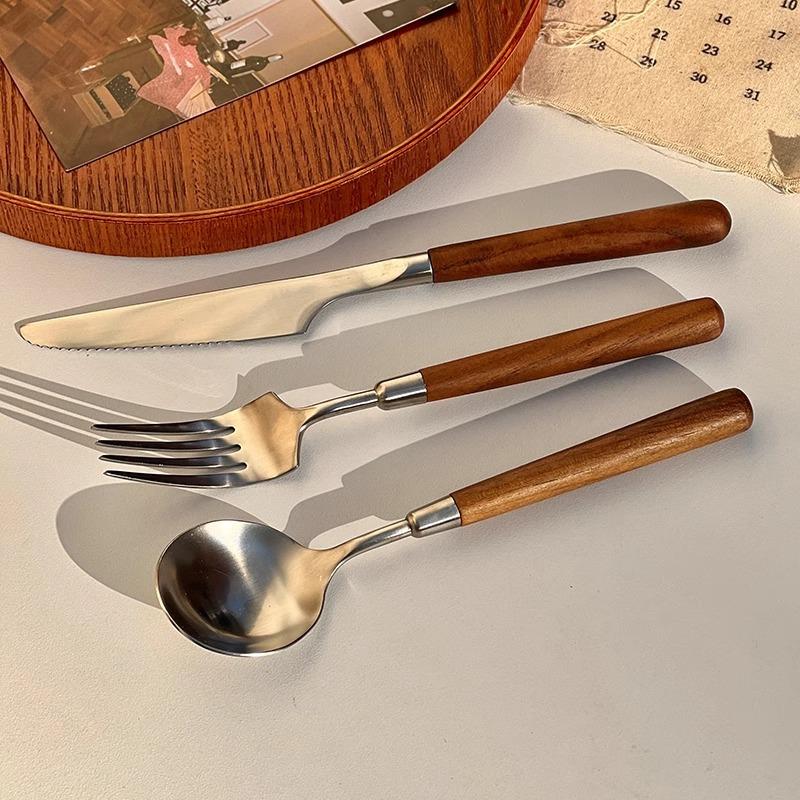 Imitation Walnut Handle Simple Texture Stainless Steel Spoon Fork Set Household Western Food Spoon High Value Tableware
